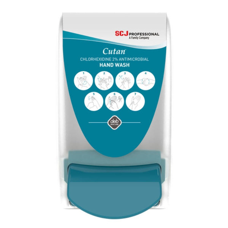 Hand wash dispenser with blue and white design on a white background