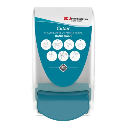 Hand wash dispenser with blue and white design on a white background