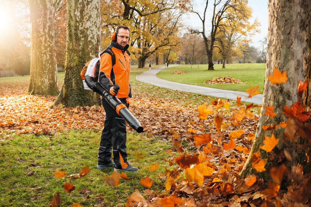 Person using a STIHL Leaf Blower Backpack 2 Stroke in a park with autumn leaves