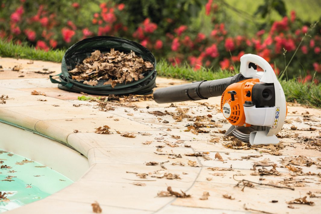 STIHL Blower Z Petrol leaf blower on a patio with leaves and flowers in the background