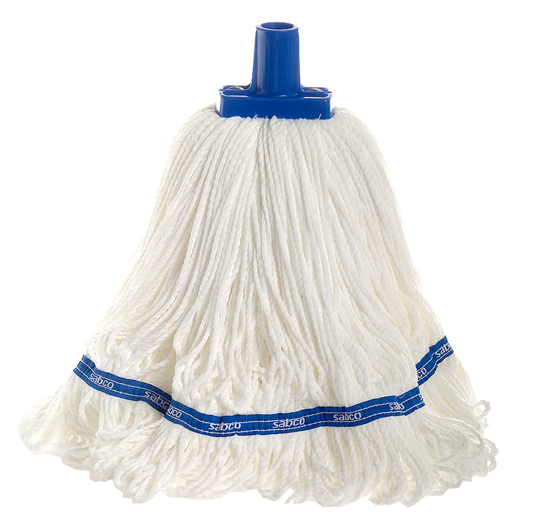 White mop with blue handle and bands on a white background