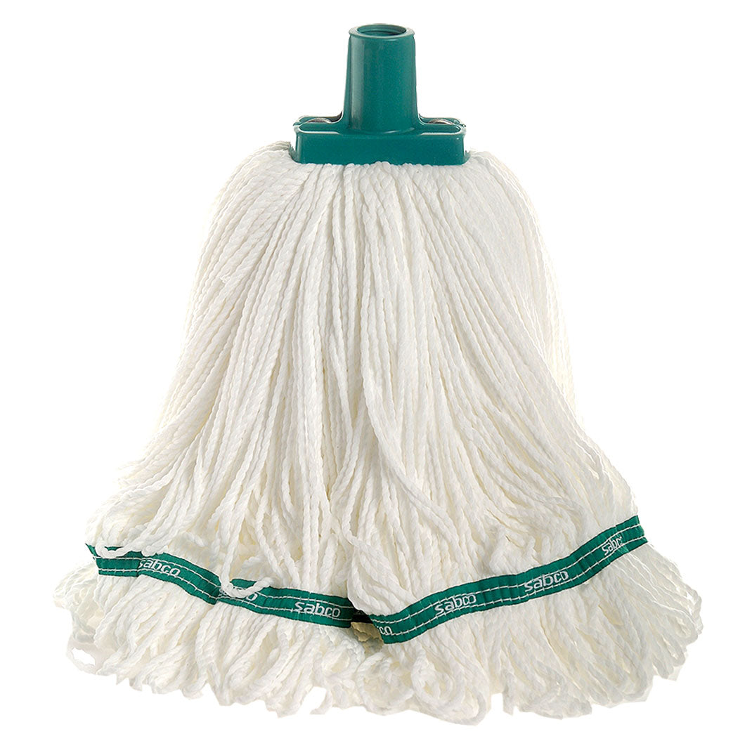 White mop head with green band and handle on a white background