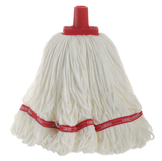 White mop head with red band and handle on a white background
