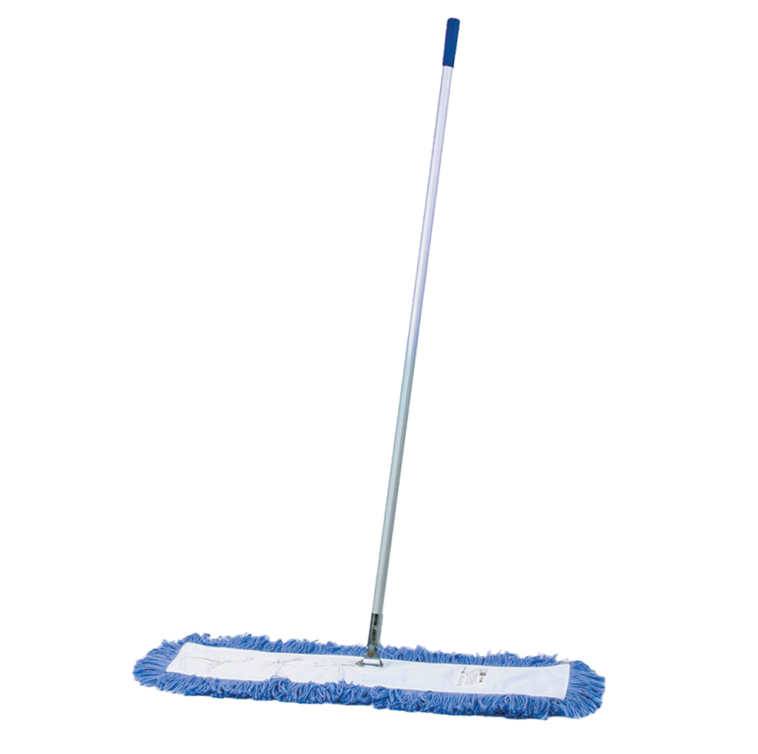 Mop with blue dust mop head and white handle on a white background
