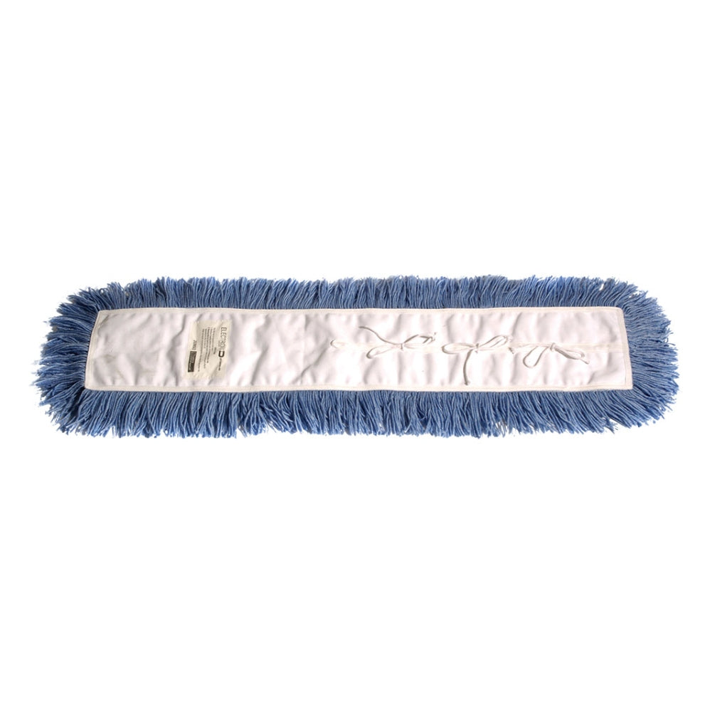 Blue dust mop with white handle on a white background