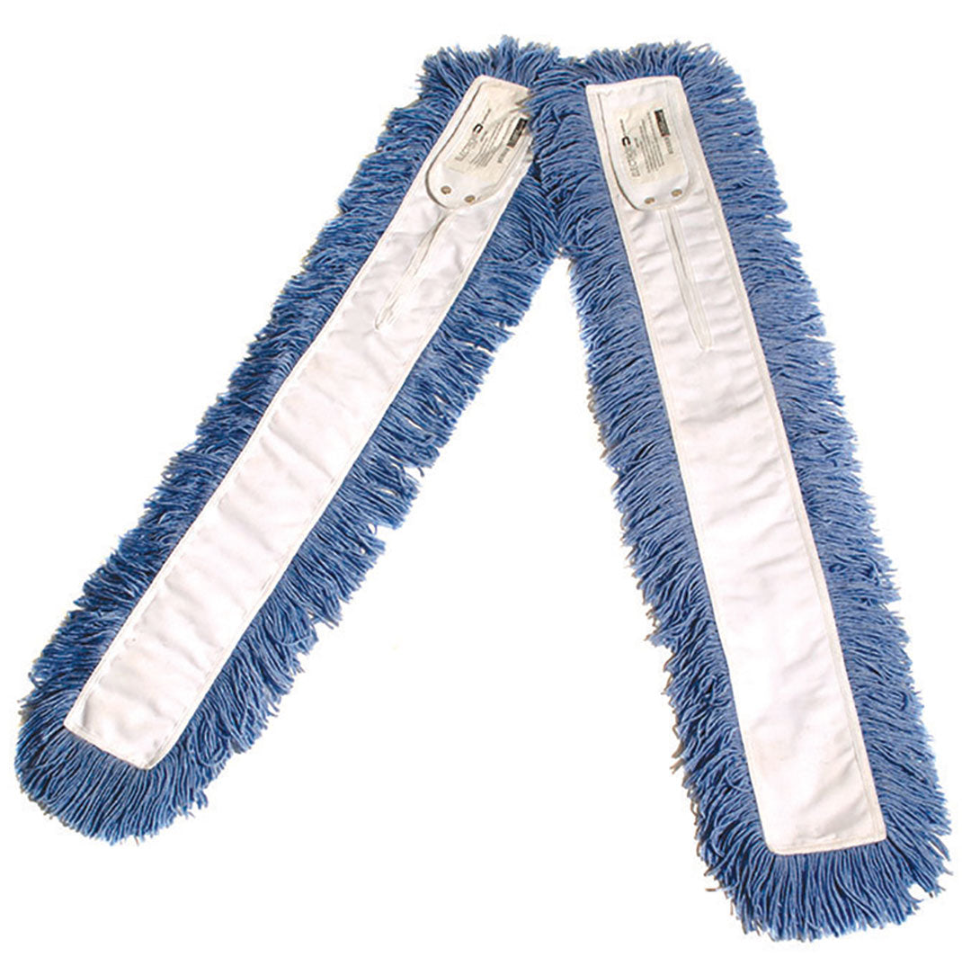 Blue and white dust mop on a white background