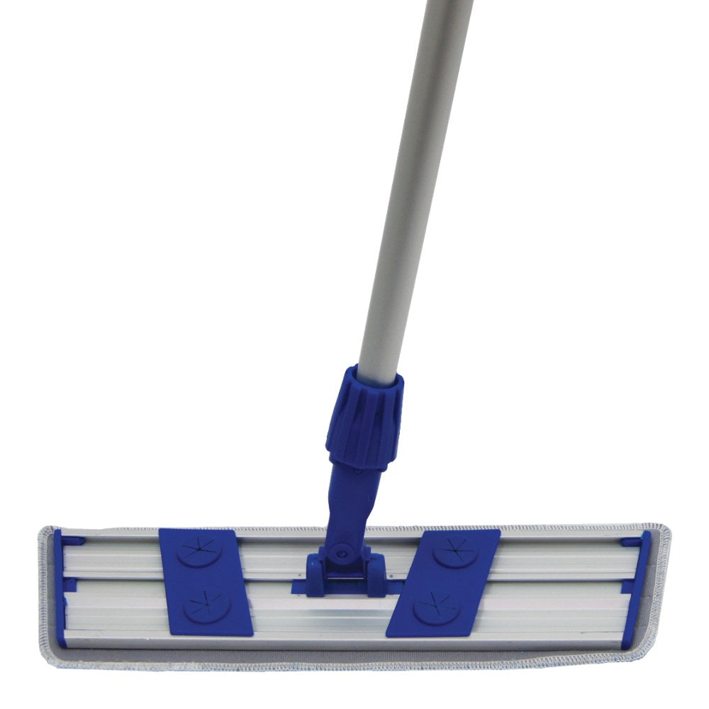Mop with blue handle and white head on a white background