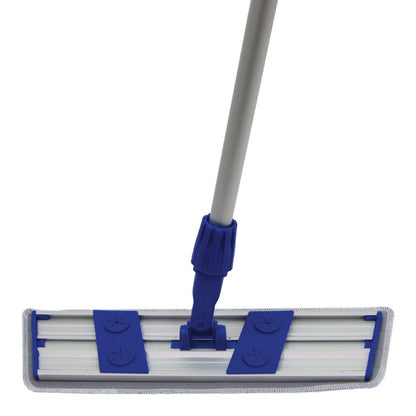 Mop with blue handle and white head on a white background