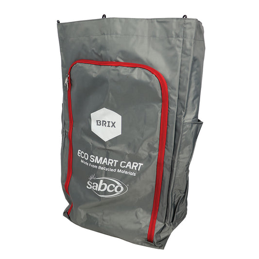 Gray eco smart cart bag with red accents and Brix and Sabco branding on a white background