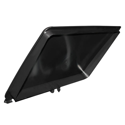 Black plastic bin lid on a white background