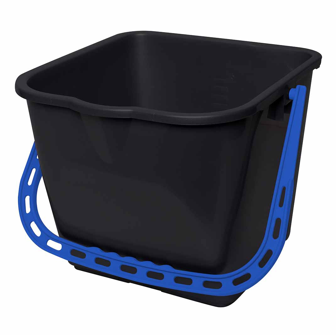 Black bucket with blue handle on a white background