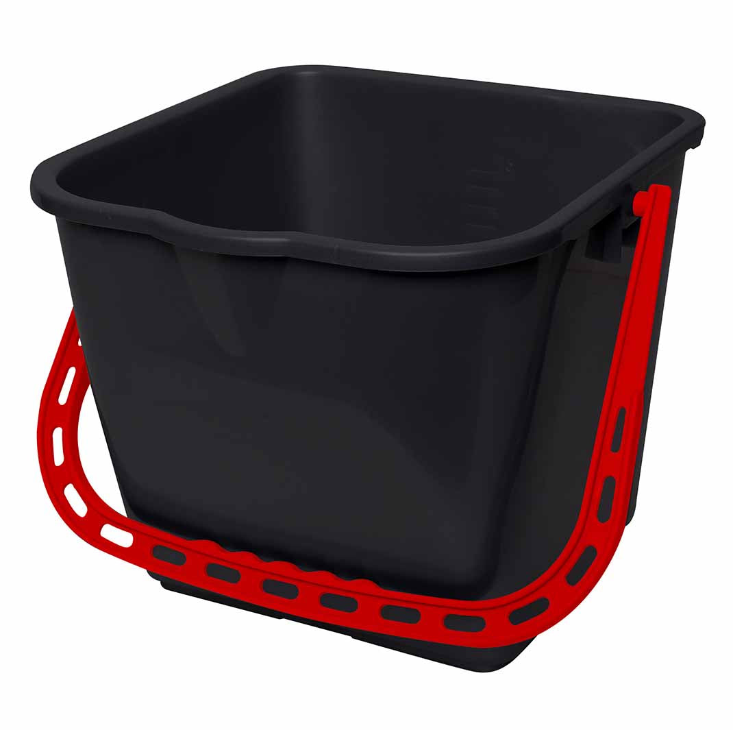 Black bucket with red handle on a white background