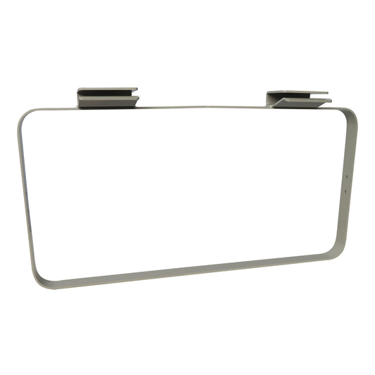 Rectangular metal bucket support  with two clips on a white background