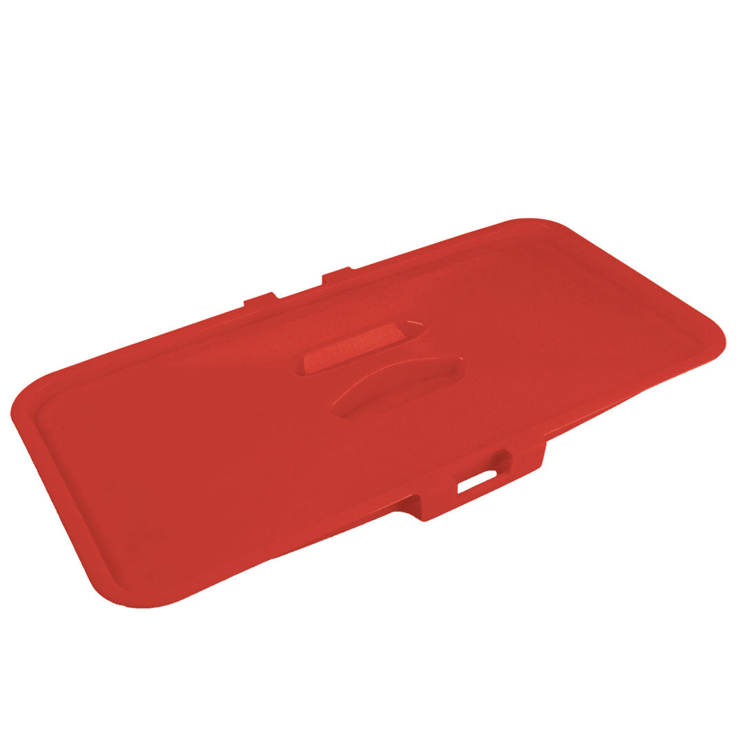 Red plastic tool box lid on a white background