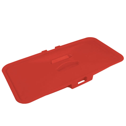 Red plastic tool box lid on a white background