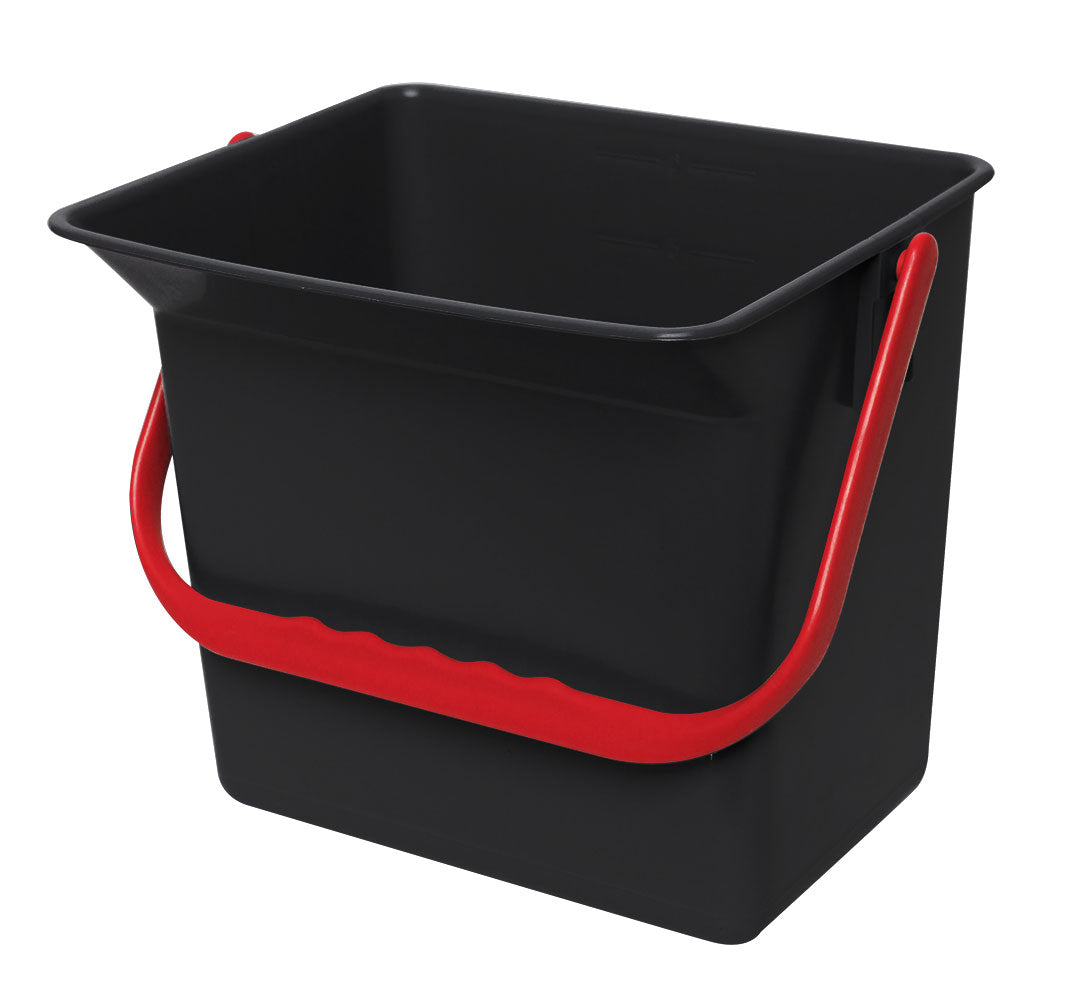 Black bucket with red handles on a white background