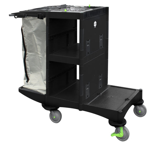 Black cleaning cart with a trash bag on a white background