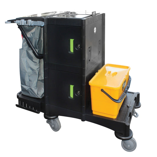 Black cleaning cart with yellow bucket and gray bag on a white background