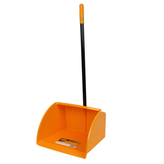 Orange dustpan with black handle on a white background