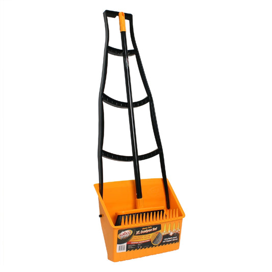 Orange dustpan with black handle on a white background