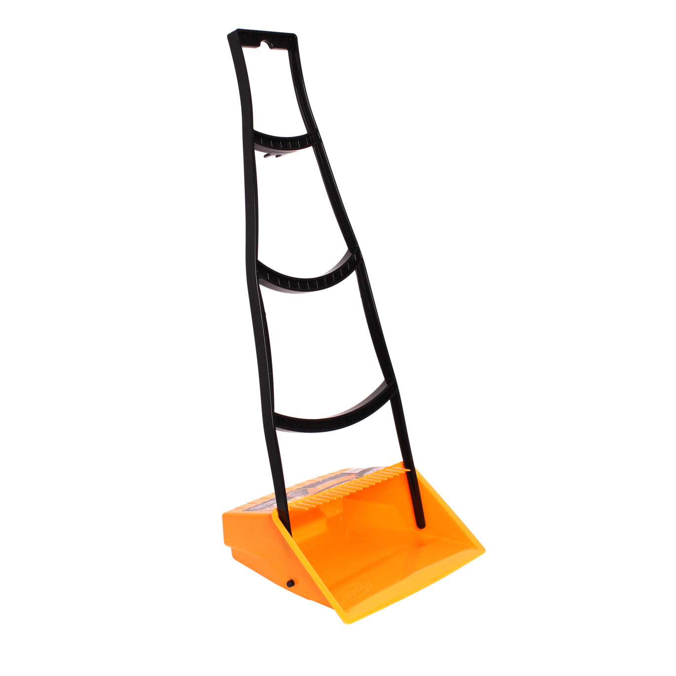 Orange dustpan with black handle on a white background