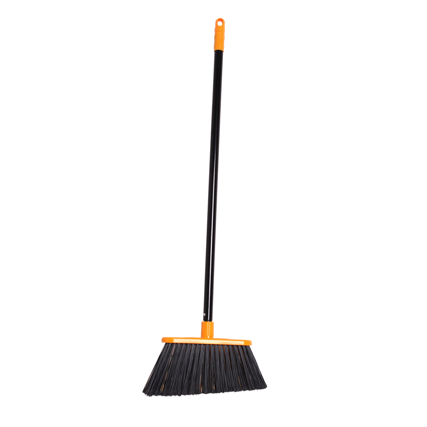 Broom with black bristles and orange handle on a white background