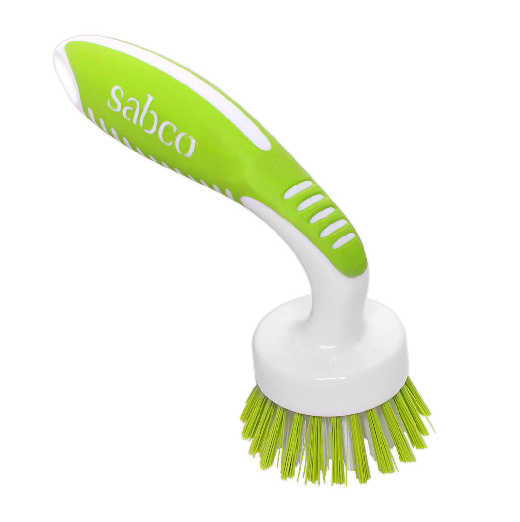 Green and white scrub brush with 'Sabco' branding on a white background