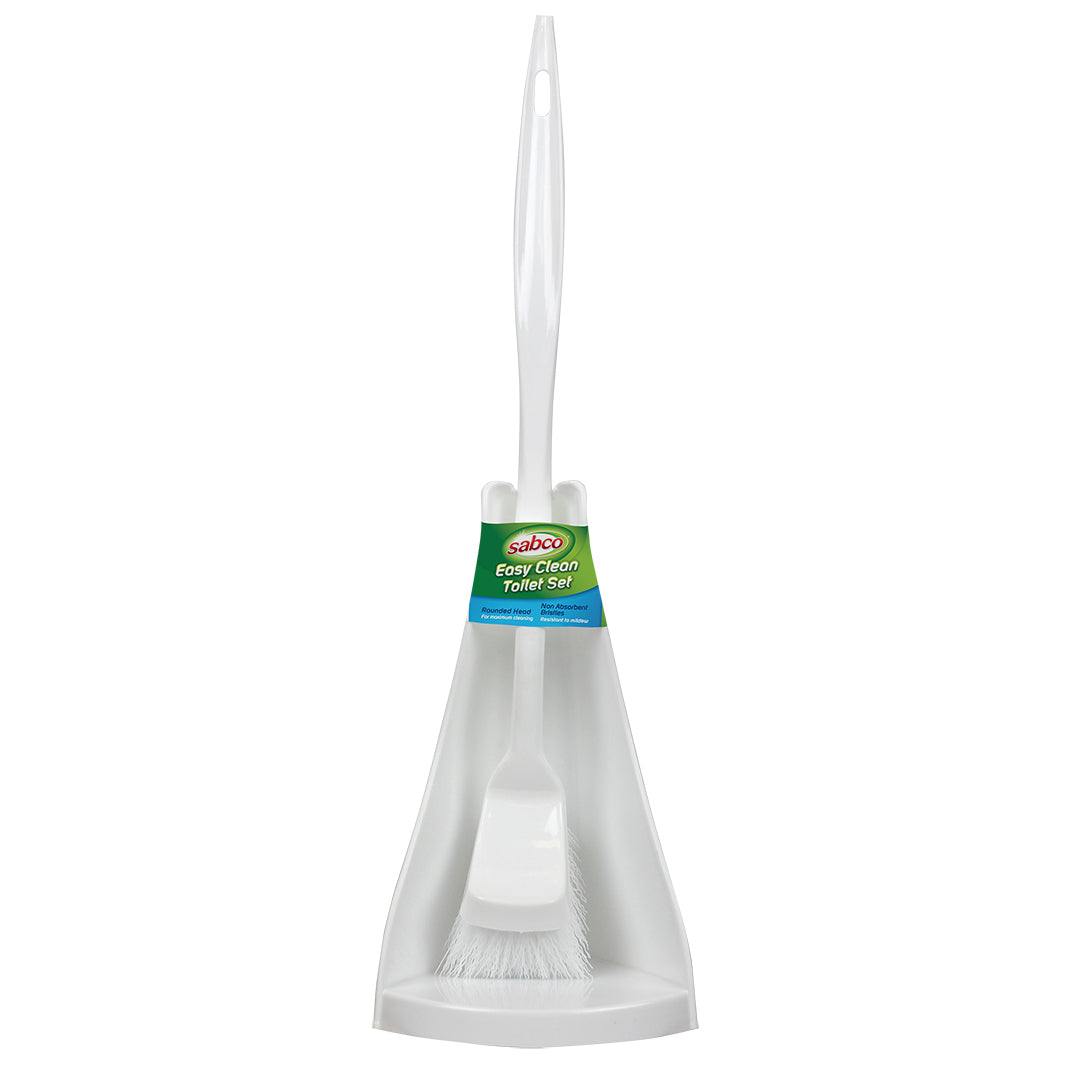White broom and dustpan set with Sabco label on a white background