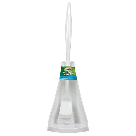 White broom and dustpan set with Sabco label on a white background