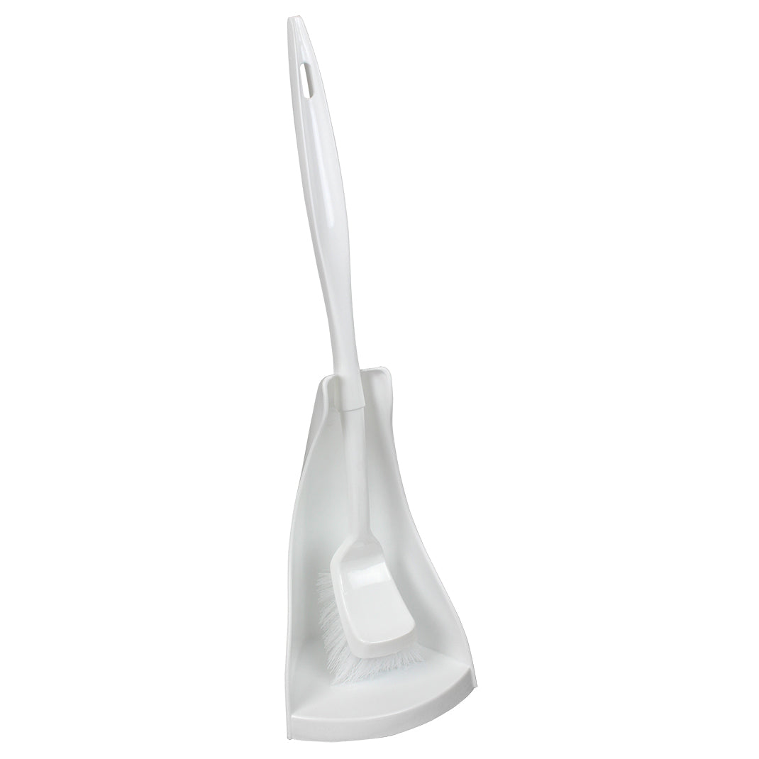 White plastic toilet brush and stand set on a white background