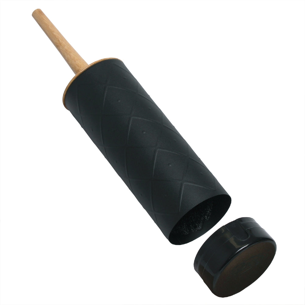 Black toilet brush holder with wooden handle on a white background