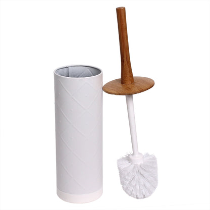 Toilet brush with wooden handle and white bristles in a cylindrical holder on a white background