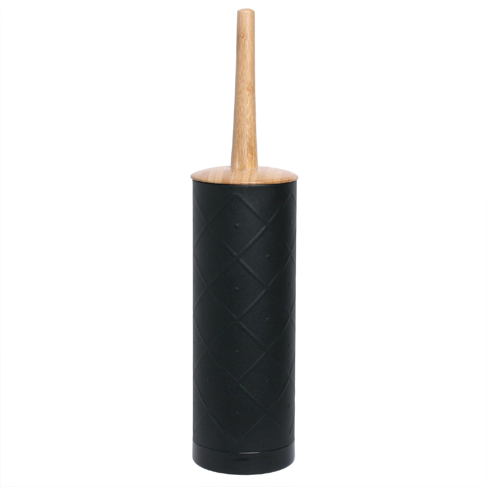 Black cylindrical toilet brush with a wooden handle on a white background