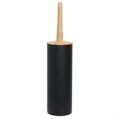 Black cylindrical toilet brush with a wooden handle on a white background