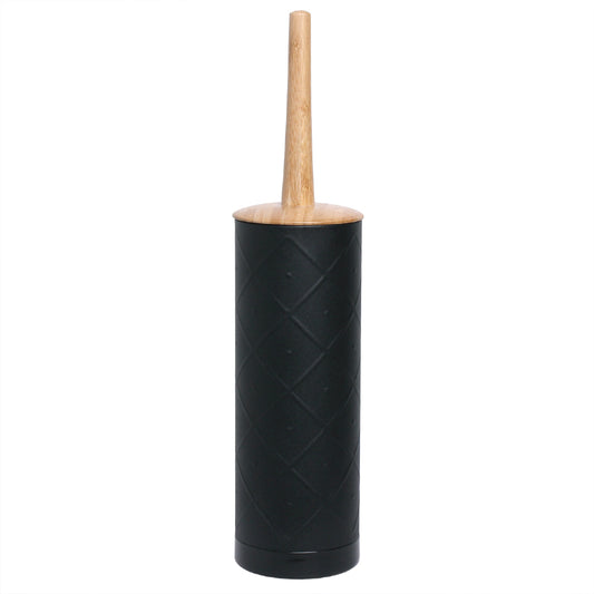 Black cylindrical toilet brush with a wooden handle on a white background