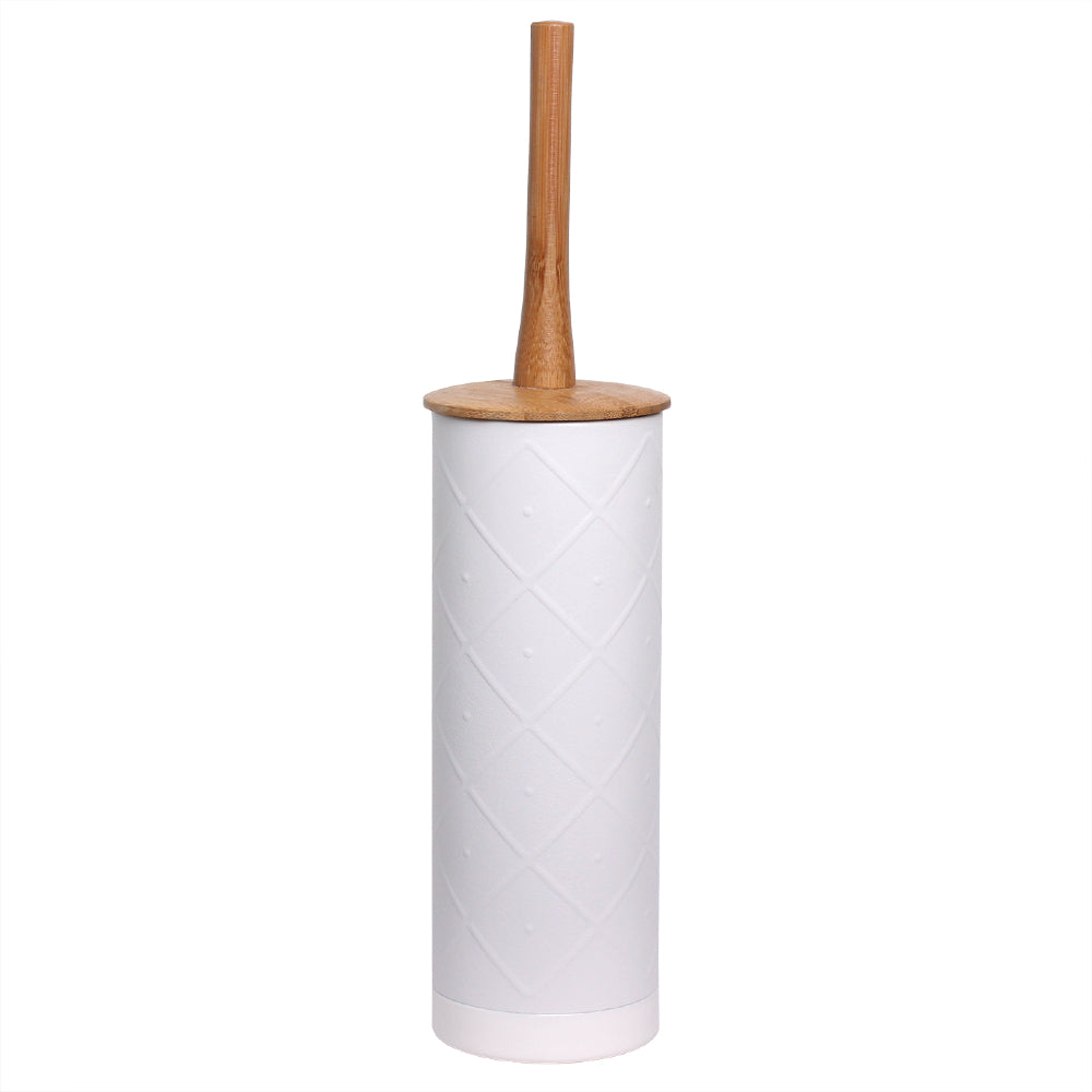 White toilet brush holder with a wooden handle on a white background