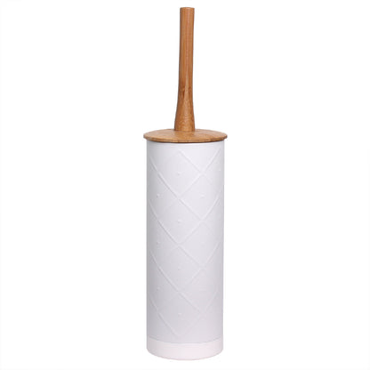 White toilet brush holder with a wooden handle on a white background