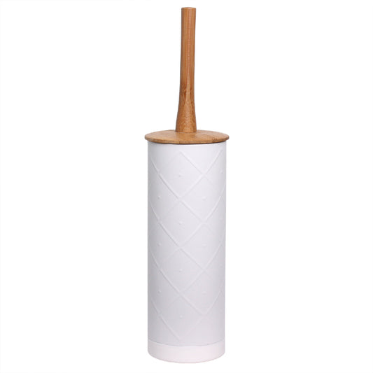 White toilet brush holder with a wooden handle on a white background