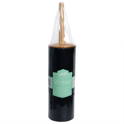 Black toilet brush set with wooden handle and a green label on a white background