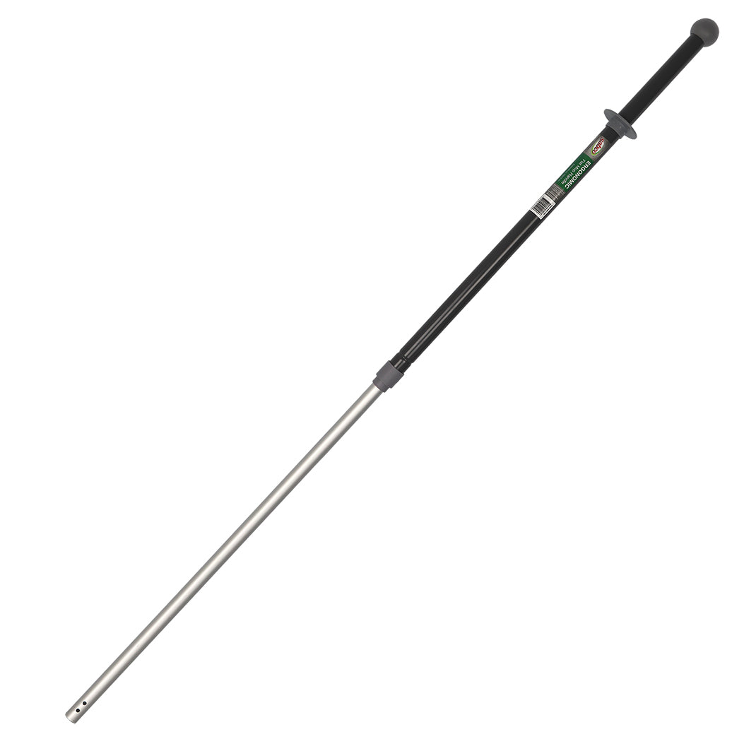 Long black and silver rod with a handle on a white background