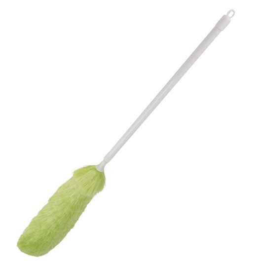 Green duster with a long handle on a white background