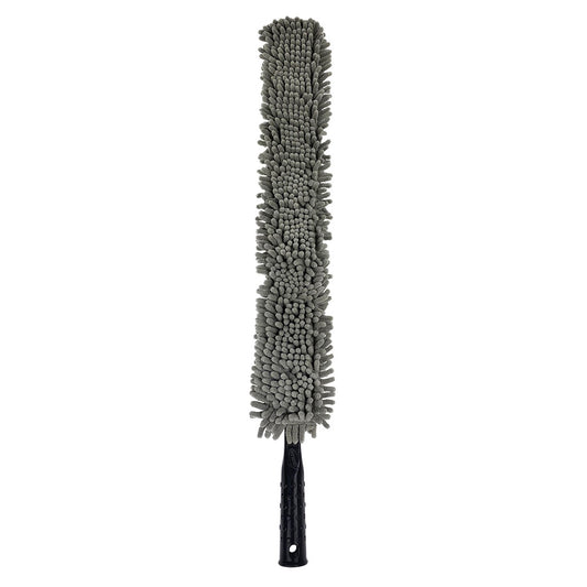 Long-handled duster with gray bristles on a white background