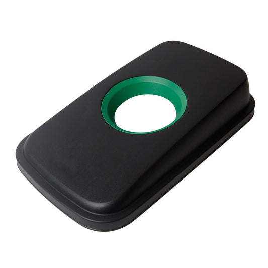 Black trash can lid with a green center on a white background
