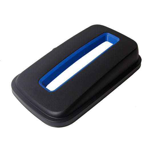 Black bin lid with blue surrounds on a white background