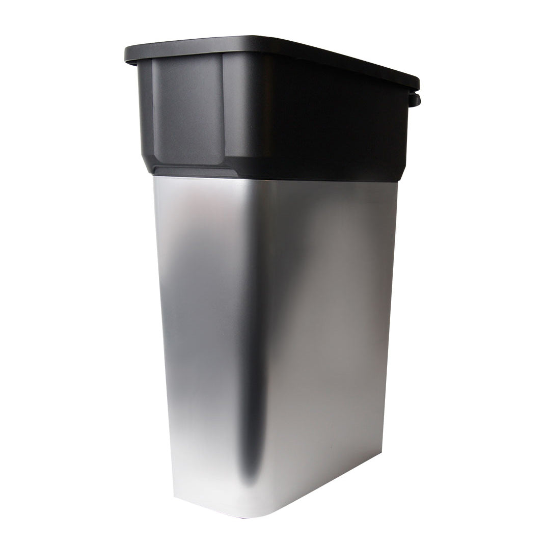 Metal trash can with black lid on a white background
