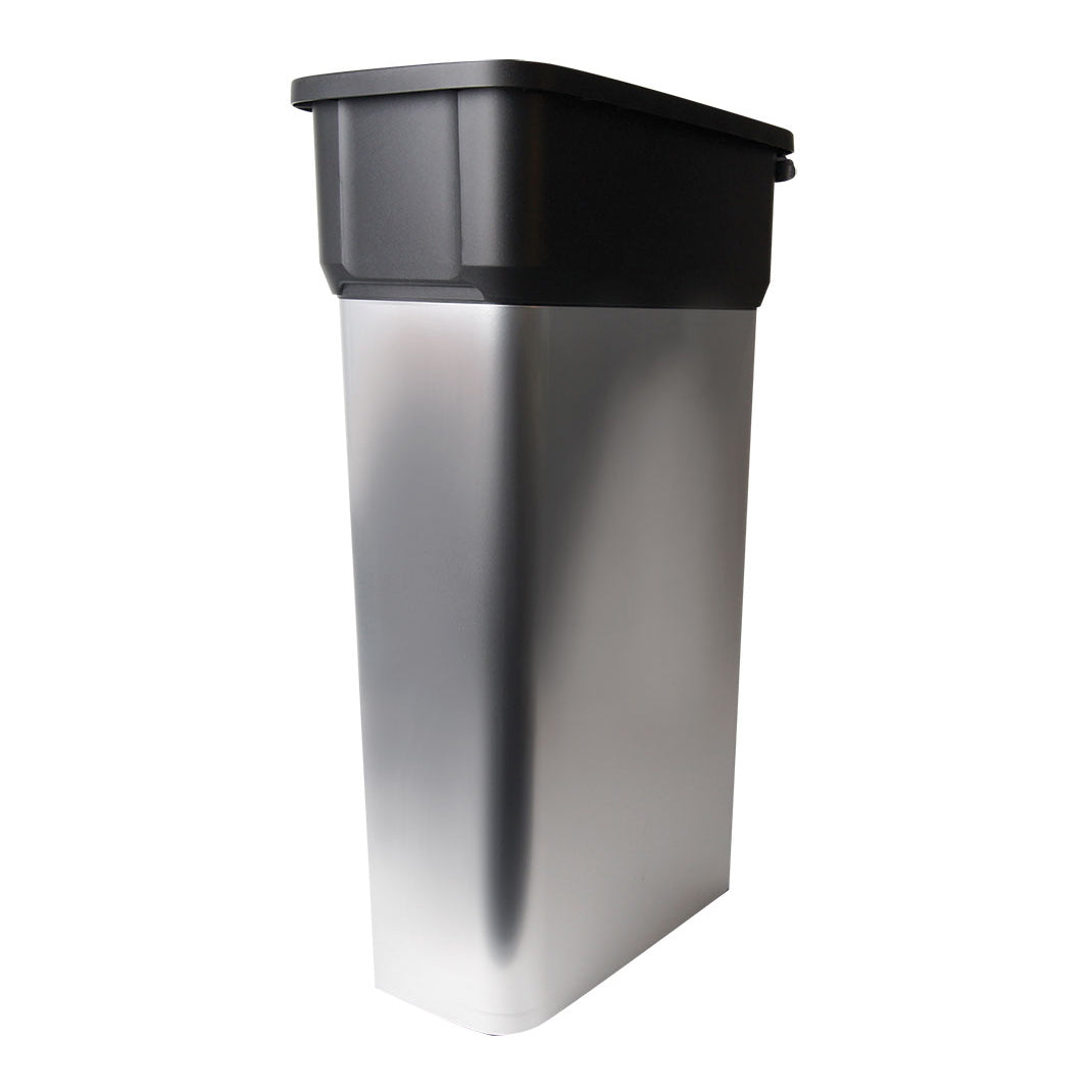 Silver trash can with black lid on a white background