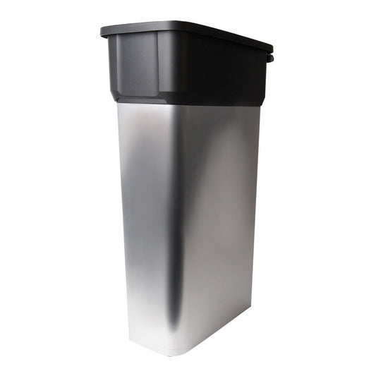 Silver trash can with black lid on a white background
