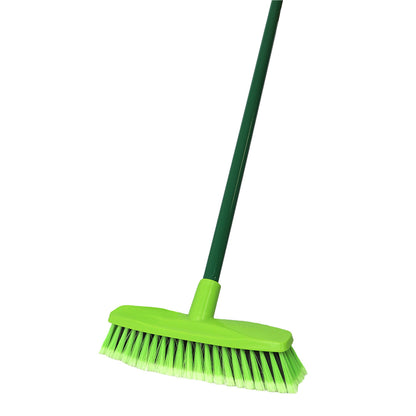 Green broom with a long handle on a white background