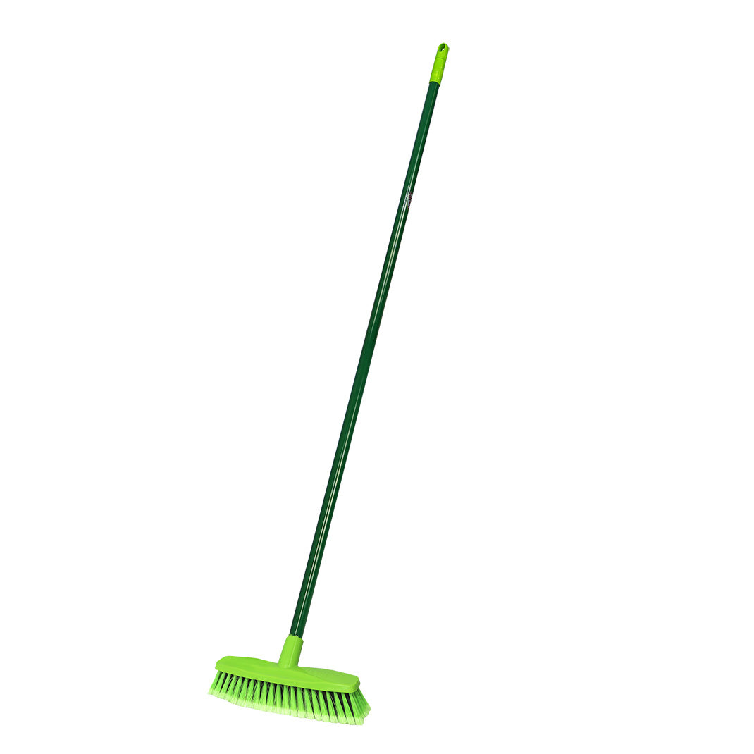 Green broom with a long handle on a white background