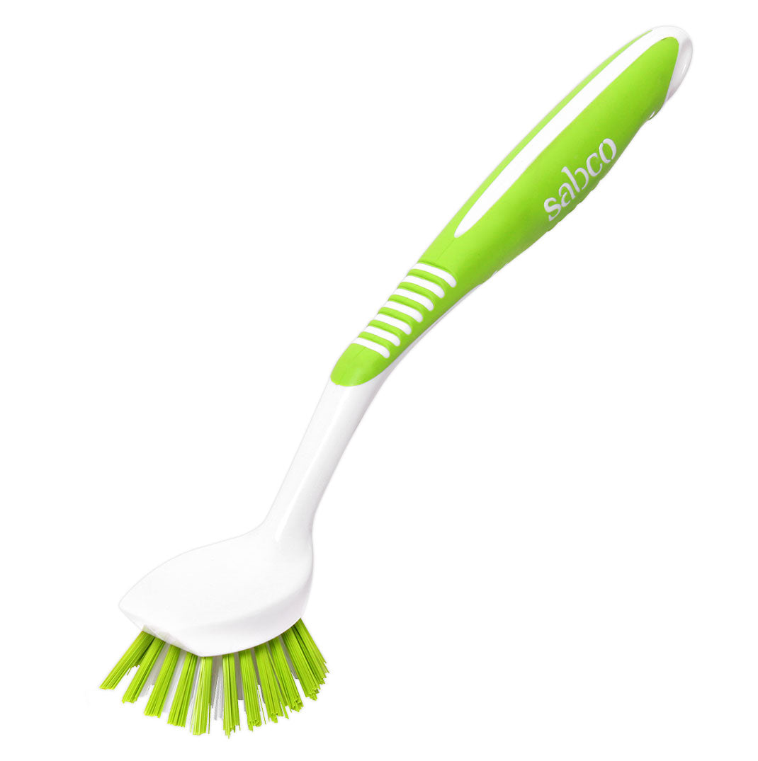 Green and white dish brush with 'Sabco' branding on a white background